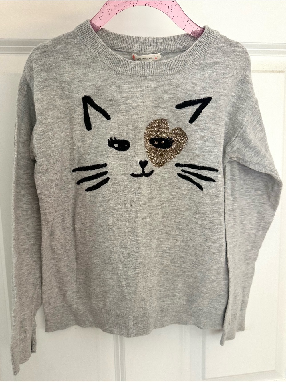 Crewcuts J Crew Girls Heather Grey Kitty Cat Sweater Gold Sequin Eye Patch Sz 8